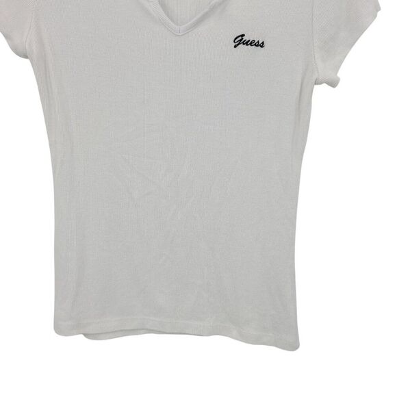 Y2K Guess White Ribbed Womens Short Sleeve V-neck Top Sz M Black Logo Stretch - Picture 11 of 14